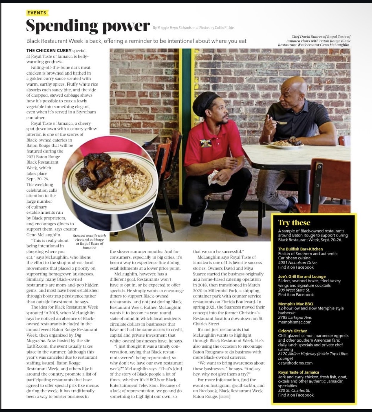 225 Magazine article 'Spending power' featuring Chef David Suarez of Royal Taste of Jamaica during Baton Rouge Black Restaurant Week